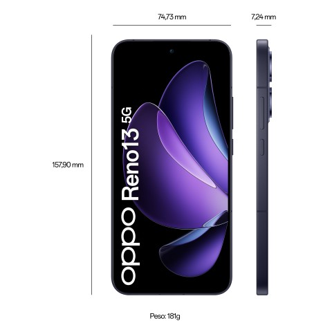 OPPO Reno13 5G AI Smartphone, Tripla fotocamera 50+8+2MP, Selfie 50MP, Display 6.59” 120HZ AMOLED FHD+, 5600mAh, RAM 12GB(Esp4GB/8GB/12GB)+ROM 256GB, [Versione Italia], Luminous Blue