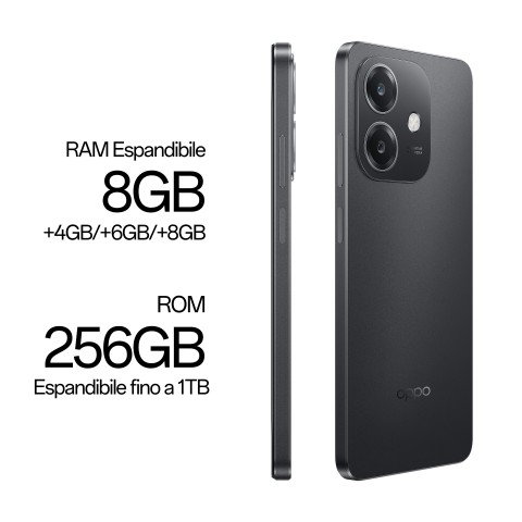 OPPO A40M Smartphone, Fotocamera AI 50MP, Selfie 5MP, Display 6.67” 90HZ LCD HD+, 5100mAh, RAM 16 GB (8+8) + ROM 256GB, IP54, [Versione Italia], Sparkle Black