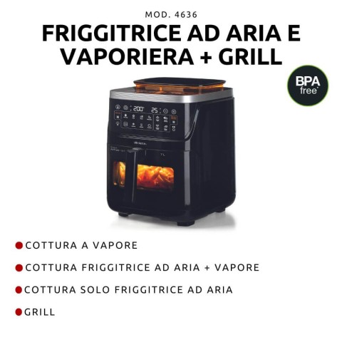 Ariete 4636 Friggitrice ad aria con funzione vapore+ Grill, 1700W, Funzione essiccazione, 10 funzioni di cottura, Cestello trasparente, Timer, Luce interna, Nero