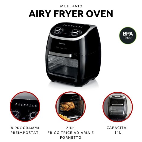 Ariete 4619 Airy Fryer Oven - Friggitrice ad Aria e Forno Elettrico con Girarrosto - Cestello Rotante - Essiccatore - 2000 Watt - 11 Litri - Nero