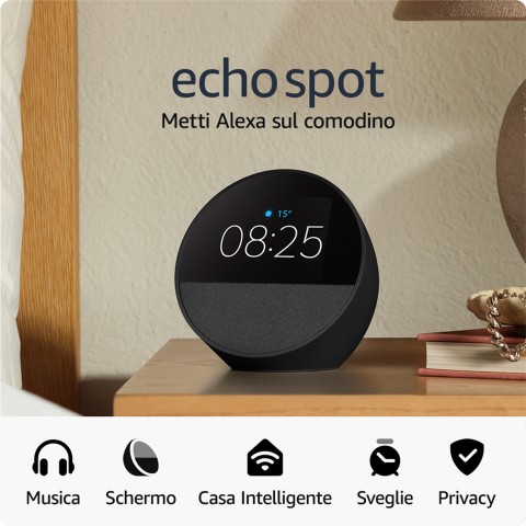 Amazon Nuovo Echo Spot (modello 2024) | Sveglia intelligente con suono di qualità e Alexa | Nero