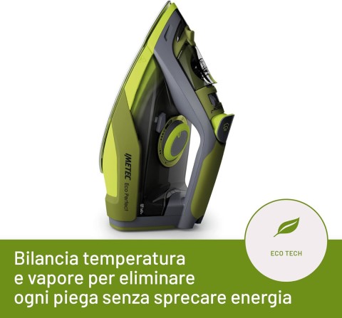 Imetec Eco Perfect Ferro da Stiro a Vapore, Risultati Ottimi con -35% di Acqua e -25% di Consumo Energetico, Piastra con Rivestimento Pro Ceramic, Tripla Protezione Anticalcare, 2400 W