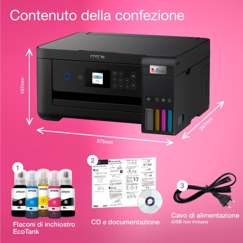 Epson EcoTank ET-2850 stampante multifunzione inkjet 3-in-1 A4, serbatoi ricaricabili alta capacità, 5 flaconi inclusi pari a 14000pag B/N 5200pag colore, Wi-FI Direct, USB