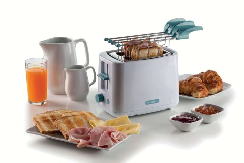 Ariete 157 Tostapane Breakfast, 760W, Capacità 2 fette di pane, Pinze in acciaio inox, 7 livelli di doratura, Pulsante stop, Tocco freddo, White & Aegean Teal