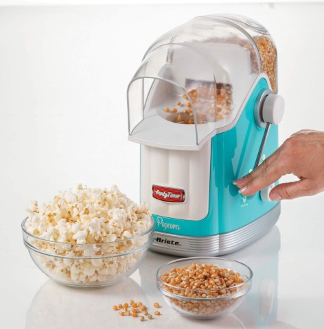 Ariete 2958 Pop Corn Maker Party Time, Macchina per pop corn con leva, 1100 Watt, Capacità 600 g, Cottura ad aria calda senza grassi, Celeste