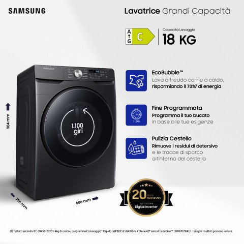 Samsung WF18T8000GV/ET lavatrice a caricamento frontale Grandi Capacità 18 kg Classe C 1100 giri/min, Body nero + porta nera