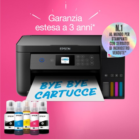 Epson EcoTank ET-2850 stampante multifunzione inkjet 3-in-1 A4, serbatoi ricaricabili alta capacità, 5 flaconi inclusi pari a 14000pag B/N 5200pag colore, Wi-FI Direct, USB