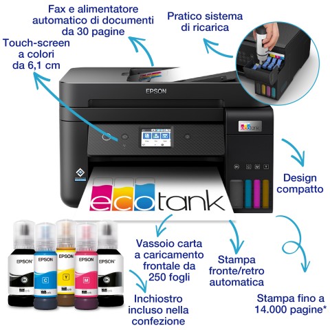 Epson EcoTank ET-4800 stampante multifunzione inkjet 4-in-1 A4, serbatoi ricaricabili alta capacità, 5 flaconi inclusi pari a 14000pag B/N 5200pag colore, Wi-FI Direct, USB