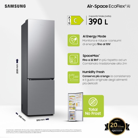 Samsung Frigorifero Combinato EcoFlex AI 2m 390L RB38C600CS9