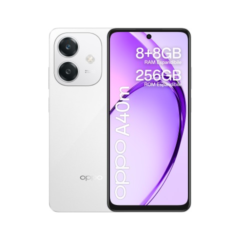 OPPO A40M Smartphone, Fotocamera AI 50MP, Selfie 5MP, Display 6.67” 90HZ LCD HD+, 5100mAh, RAM 16 GB (8+8) + ROM 256GB, IP54, [Versione Italia], Starlight White