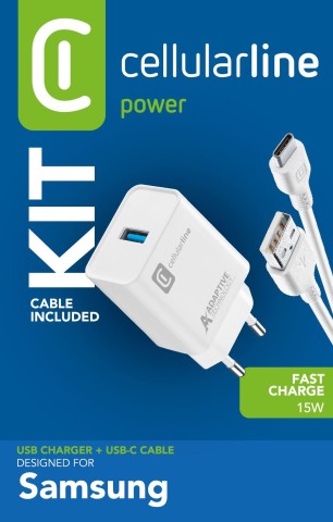 Cellularline Adaptive Fast Charger Kit 15W - USB-C - Samsung Caricabatterie da rete Fast Charger 15W con cavo USB-C