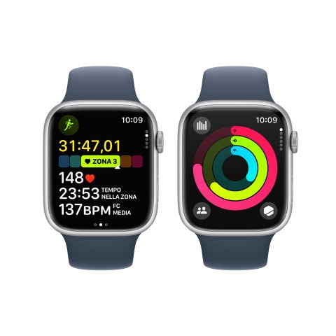 Apple Watch Series 9 GPS Cassa 45mm in Alluminio Argento con Cinturino Sport Blu Tempesta - M/L