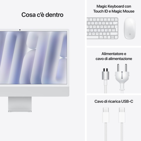 Apple iMac 24"Retina Display 4,5K, Chip M4 con CPU 10‑core, GPU 10‑core, 16GB, 512GB SSD, Argento