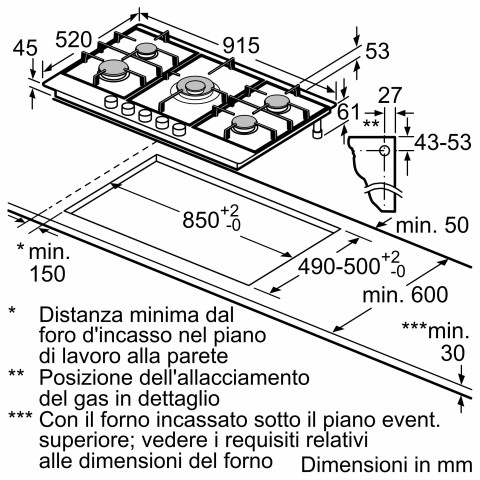 Bosch Serie 6 PCR9A5B90 Piano cottura a gas 90 cm Acciaio inox