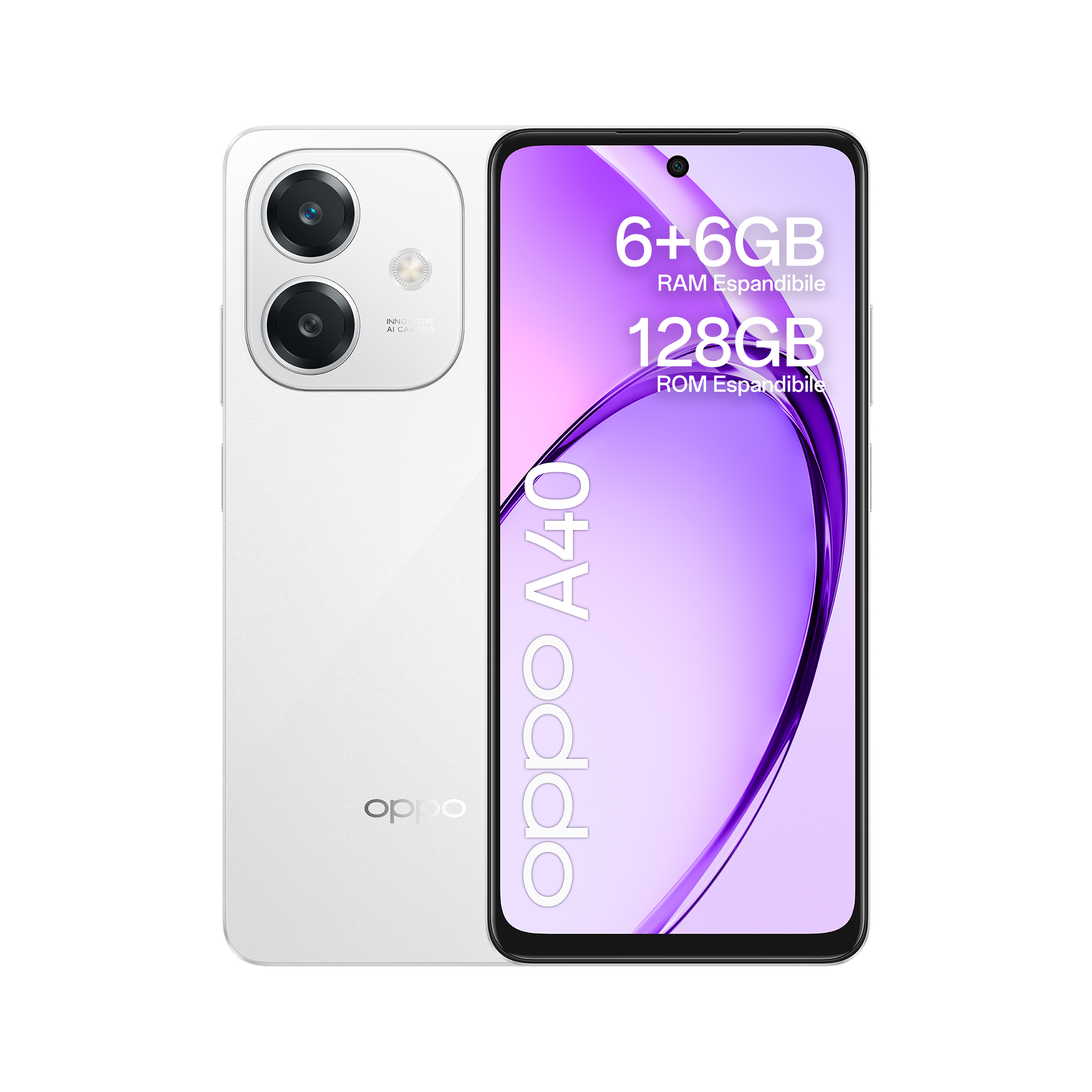 OPPO A40 Smartphone, Fotocamera AI 50MP, Selfie 5MP, Display 6.67” 90HZ LCD HD+, 5100mAh, RAM 12 GB (6+6) + ROM 128GB, IP54, [Versione Italia], Starlight White