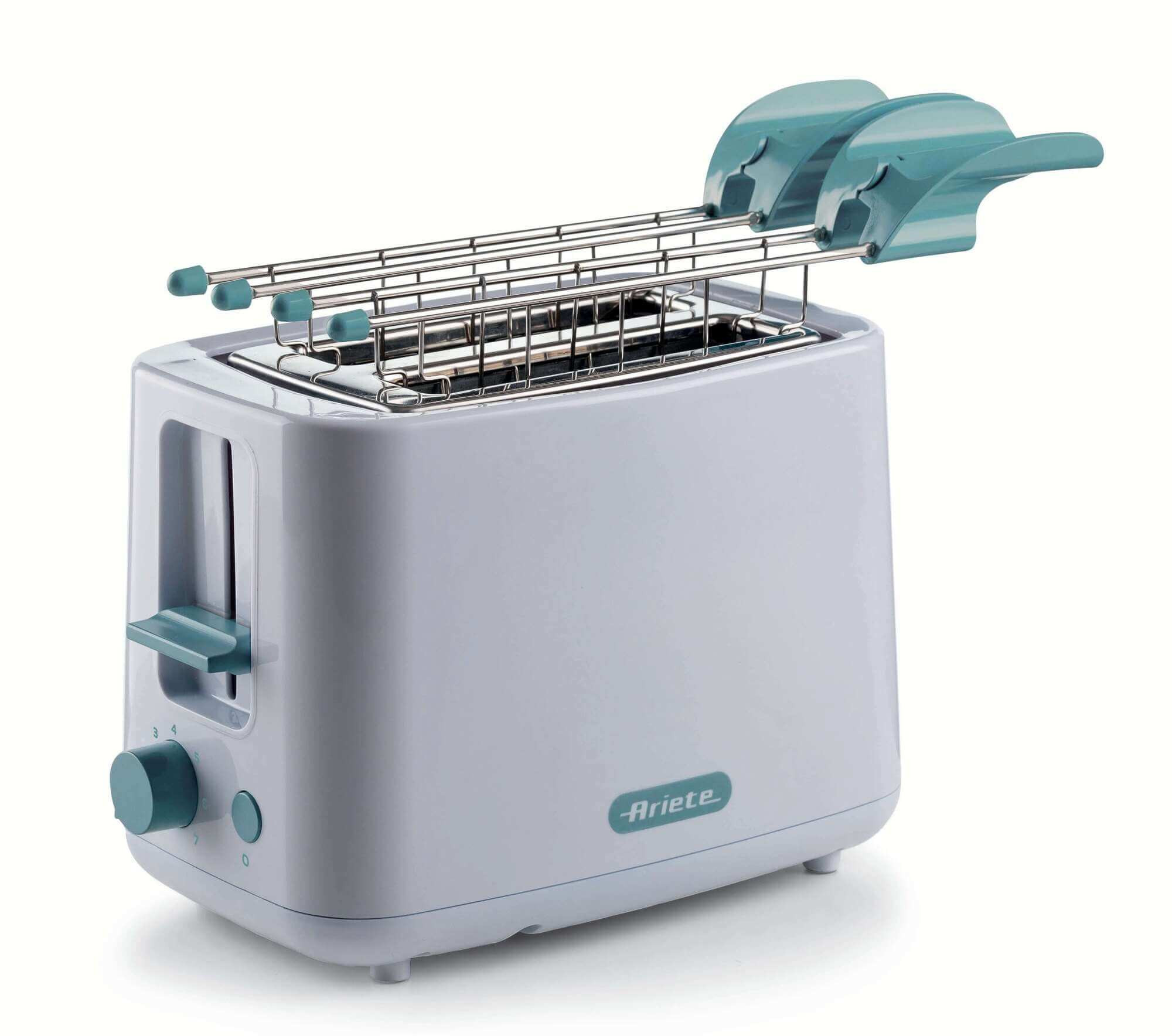 Ariete 157 Tostapane Breakfast, 760W, Capacità 2 fette di pane, Pinze in acciaio inox, 7 livelli di doratura, Pulsante stop, Tocco freddo, White & Aegean Teal