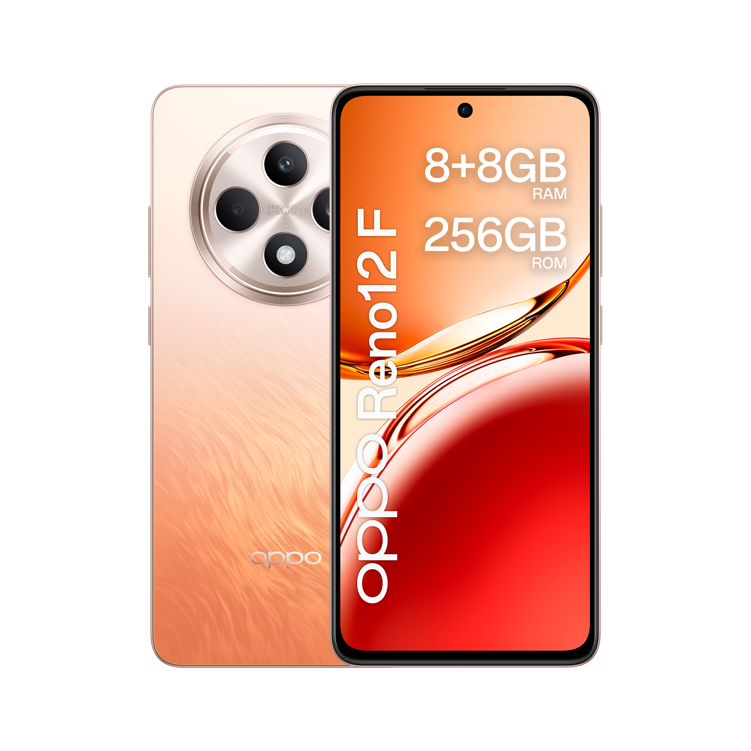 OPPO Reno12 F 4G AI Smartphone, Tripla fotocamera 50+8+2MP, Selfie 32MP, Display 6.67” 120HZ AMOLED FHD+, 5000mAh, RAM 16 GB (8+8) + ROM 256GB, [Versione Italia], Amber Orange